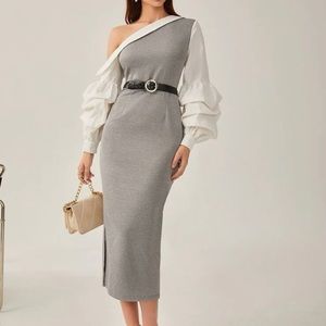 SHEIN Colorblock Asymmetrical Neck Lantern Sleeve Split Hem Dress